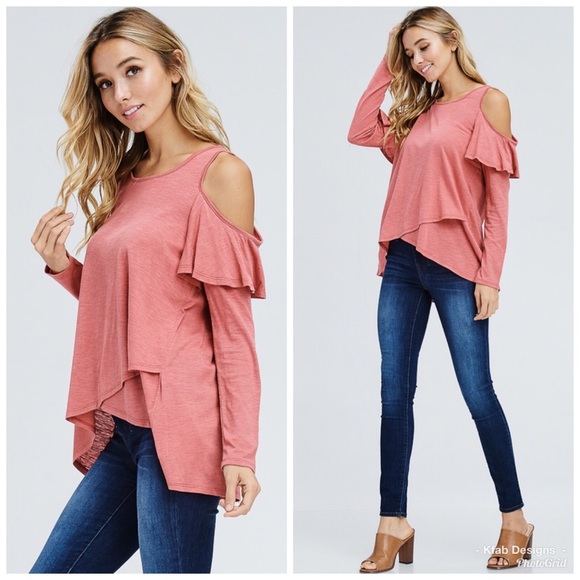 LAST 1! 🛍Pretty Ruffle Hi Lo Cold Shoulder Top! - Picture 2 of 7
